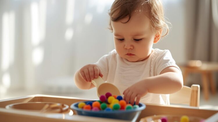 18 month old baby using Montessori practical life activities