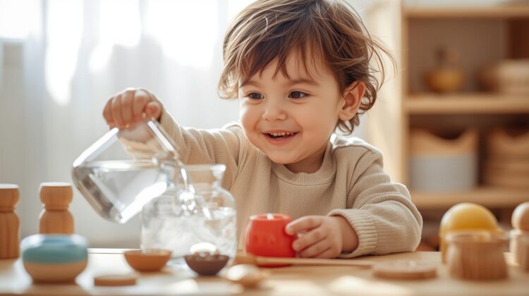Create an image of a pre school child using Montessori practical life activities.