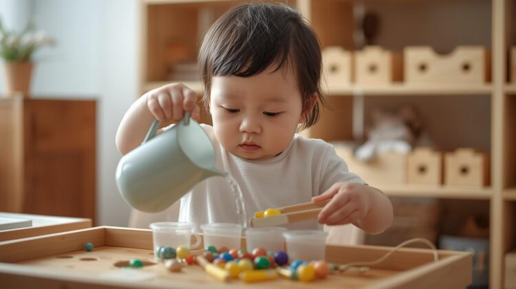 A toddler using Montessori practical life activities.