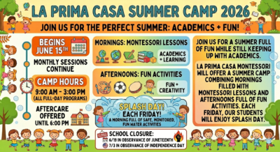 Flyer for La Prima Casa Montessori Summer Camp 2026