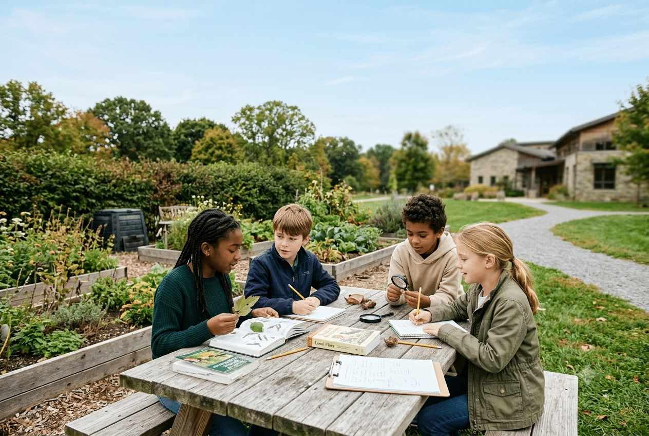 A group of upper elementary aged students sat in a garden studying